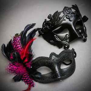 Venetian Black Warrior & Black Glitter Peacock Hot Pink Feather Eye Couple Mask